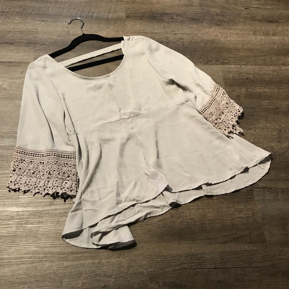 Grey Lavender Peplum Blouse, Bell Sleeves+Low Back
